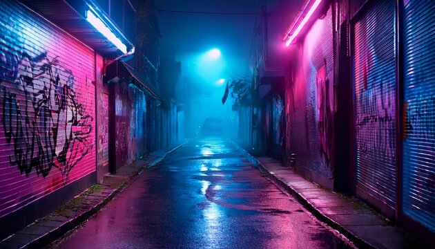cyberpunk alley with graffiti dimly lit by neon pink and blue lights fog creeping along the ground rainy night