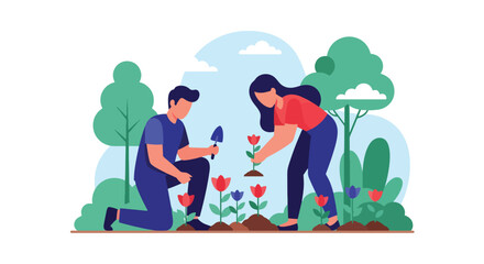 A flat vector illustration of romantic couple planting flowers together in backyard garden, symbolizing teamwork, care, and love for nature