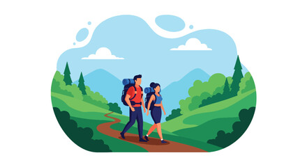 A flat style vector of couple hiking together on mountain path surrounded by green hills and clear blue sky, outdoor adventure theme