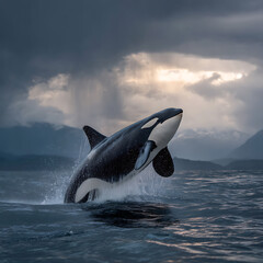 Fototapeta premium A killer whale emerges from the water under a stormy sky with thick clouds