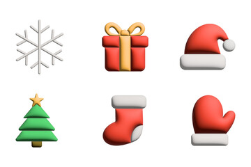 Christmas 3D Flat App Icons Set — Gift Box, Santa Hat, Snowflake, Mitten, Tree, Stocking. Modern Holiday UI Elements