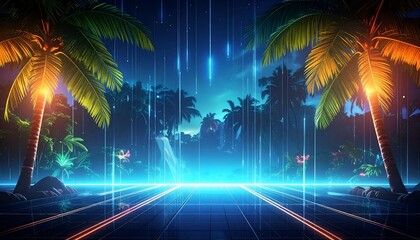 Neon tropical landscape with palm trees and a glowing futuristic pathway under a night sky
