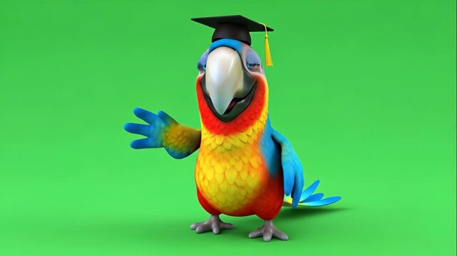 Cartoon Parrot Graduation - A colorful cartoon parrot is wearing a graduation cap and posing with a friendly wave. The parrot is set against a vibrant green screen background.