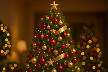 Elegant Red and Gold Christmas Tree with Shiny Stars