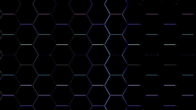 Looping neon polygon grid background animation with glowing hexagonal pattern, vibrant blue and purple gradient colors, seamless futuristic tech motion