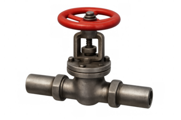 Metal valve with red wheel on pipe, controlling liquid or gas flow in industrial pipeline system