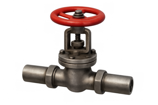 Metal valve with red wheel on pipe, controlling liquid or gas flow in industrial pipeline system
