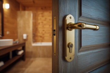 Obraz premium Ajar door to the bathroom. Modern brass door handle and lock. Dark brown wooden restroom open door with brushed copper hardware. Doorknob. Contemporary living space. Cleanliness and hygiene. Entrance.
