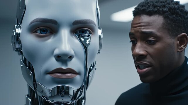 Man Looks at Robot Crying Silver Tears in Futuristic Setting