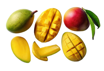 Mangoes, whole and sliced, vibrant colors,  tropical fruit