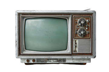 Vintage TV with aged, worn appearance.  Muted light-grey/green screen.  Front view, showing controls and casing