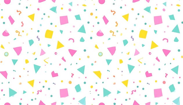 Colorful confetti pattern background, vibrant shapes, festive design.
