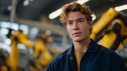 Technician monitoring robotic arms installing components in refrigerator production, emotion of focus and expertise visible, representing automated assembly, quality control, and high-tech