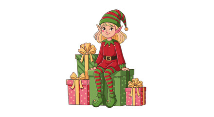 A cute Christmas elf girl sits on a stack of colorful gifts wrapped with bows, ready to spread.