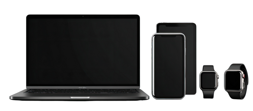 Laptop, smartphones, and smartwatch displayed in a row.  Dark gray/black devices