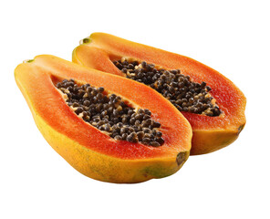 Two halves of a papaya, vibrant orange-red flesh, dotted with dark seeds