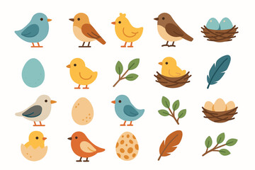 A set of icons related to birds and their natural themes. All icons are made in a soft, colorful style on a white background.