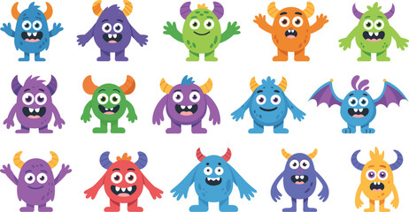 Cute colorful cartoon monster characters collection with funny expressions, horns, and big eyes, perfect for kids illustration, fantasy design, and decoration