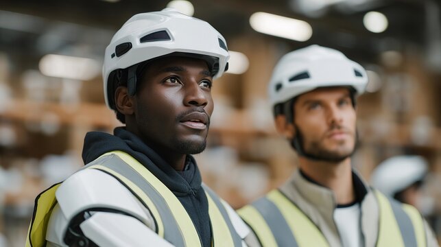 Engineers oversee warehouse workers testing AI-driven robotic suits, highlighting collaboration and discovery in innovative wearable automation and motion technology. - Powered by Adobe