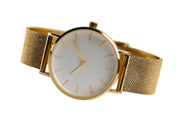 Sleek gold wristwatch with a white face.  A close-up shot of a modern timepiece, featuring a round, minimalist white dial with gold markers and slender gold hands. 