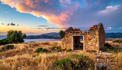Ancient stone ruin on a hill at sunset with dramatic clouds.