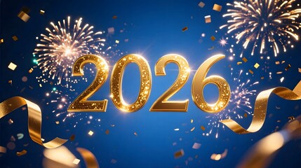 Gold 2026 text surrounded by fireworks and glowing confetti ribbons rich blue background elegant cinematic composition
