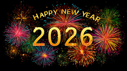 Golden 2026 text and a Happy New Year greeting float above a spectacular and colorful fireworks display against a black night sky