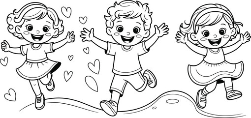 Happy children jumping together on playground, friendship and joy, smiling kids playing outdoor in fun activity, black and white illustration