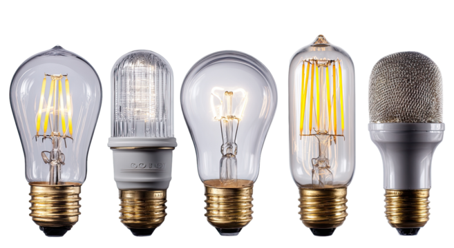 Assorted LED light bulbs.  Different shapes and sizes.  Clear glass and frosted glass.  Warm yellow light.  Standard screw base