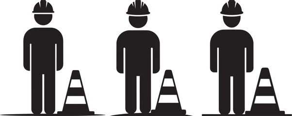 Three construction workers in hard hats standing next to traffic cones silhouette