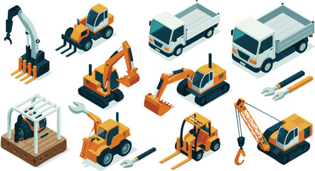 Isometric 3D construction vehicle set with excavators, cranes, forklifts, trucks, and heavy machinery equipment, industrial building transport illustration design