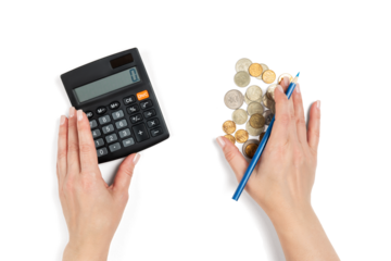 Female hands with calculator, pencil and pile of coins, concept of accounting, budgeting, debt, savings, personal finance and mortgage calculation, isolated on transparent background.