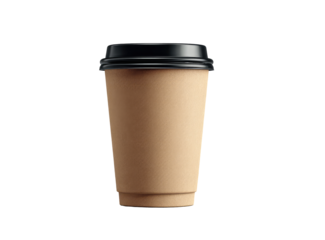 Beige disposable coffee cup with black lid