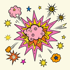 Pink and Orange Comic Book Explosion with Textured Cloud Keywords: comic book, explosion, pop