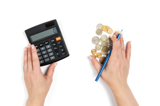 Female hands with calculator, pencil and pile of coins, concept of accounting, budgeting, debt, savings, personal finance and mortgage calculation, isolated on transparent background.