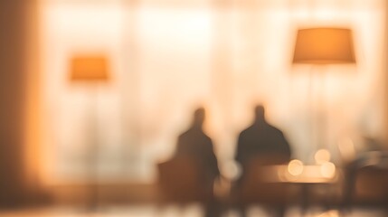 Community center lounge blurred blurred silhouettes of older persons chatting under lamp glow