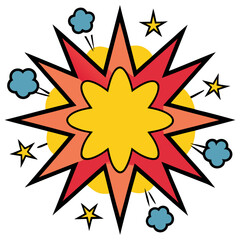 Fototapeta premium Red and orange comic explosion with yellow circle and blue clouds Keywords: explosion, comic