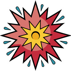 Red and yellow comic explosion with blue droplets manga