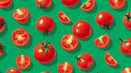 Vibrant seamless pattern of ripe red tomatoes and green background symbolizing summer freshness and healthy organic lifestyle.
