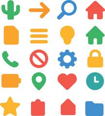 Flat colorful icon collection with shapes like arrow, gear, heart, home, and lock. Designed for digital, print, and app interfaces. Clean, simple, and easily customizable.
