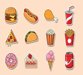 Vector art of a colorful and appetizing collection of fast food stickers, including a burger, hot dog, fried chicken, soda, pizza, taco, popcorn, fries, donut, cake, ice cream, and cola, all presented