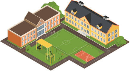 isometric 3d illustration of modern school campus with buildings, playground, football field, basketball court, and green landscape surroundings