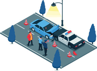isometric 3d illustration of police officers investigating car accident scene at night with damaged vehicles, traffic cones, and street light