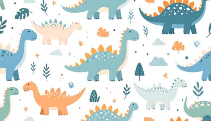 Obraz premium A repeating pattern of friendly, cartoon dinosaurs on a white backdrop