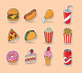 Vector art of a colorful and appetizing collection of fast food stickers, including a burger, hot dog, fried chicken, soda, pizza, taco, popcorn, fries, donut, cake, ice cream, and cola, all presented