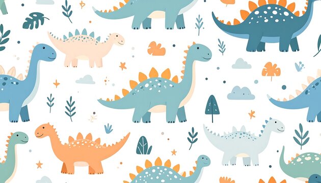 A repeating pattern of friendly, cartoon dinosaurs on a white backdrop
