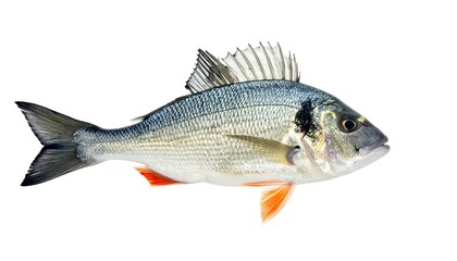 Fototapeta premium A side profile photograph of a fish with gray and orange fins