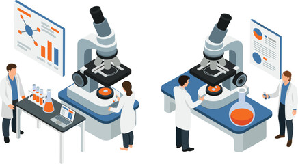 isometric 3d illustration of scientists working in laboratory with microscopes, chemical flasks, data screens, and biotechnology research analysis