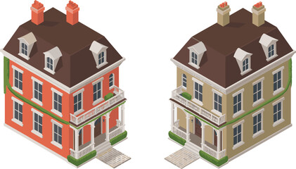 isometric 3d illustration of two elegant townhouse buildings with classic architecture, balcony railings, brick roof, windows, and green vines