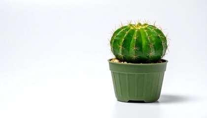 A spherical cactus with sharp spines sits in a green pot, white background